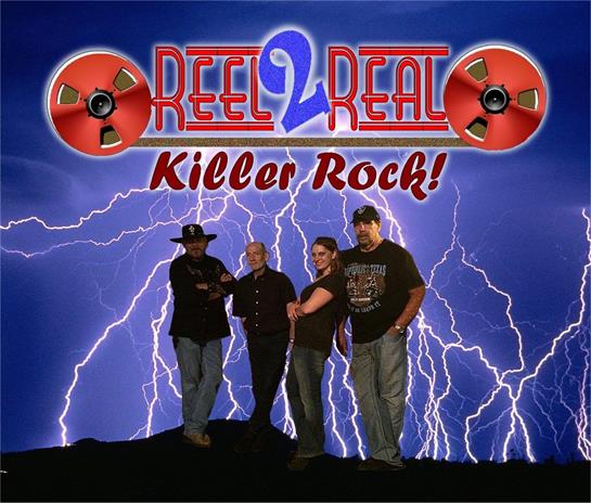 Four musicians unite on stage, showcasing their talent against a striking lightning backdrop.