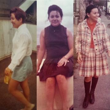 Three women model vintage outfits reflecting 1960s fashion trends on a sunny day outdoors.