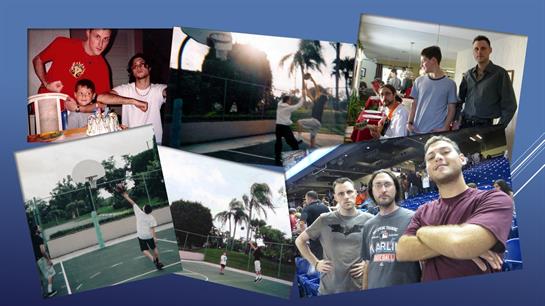 Friends enjoy sports under sunny skies, surrounded by palm trees.