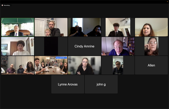 Group of individuals taking part in a video conference with diverse discussions and interactions.