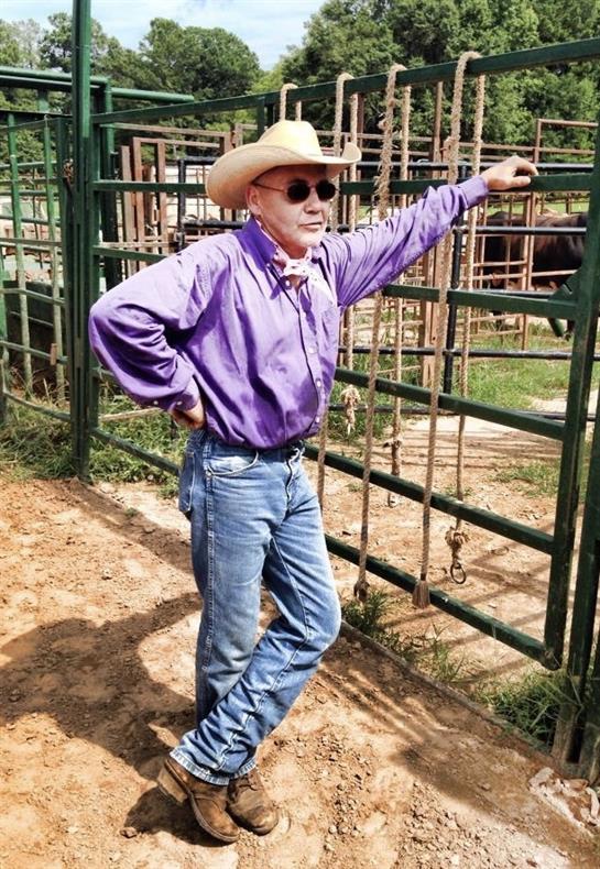 A cowboy in a purple shirt and hat leans against a green fence, showing relaxed confidence.