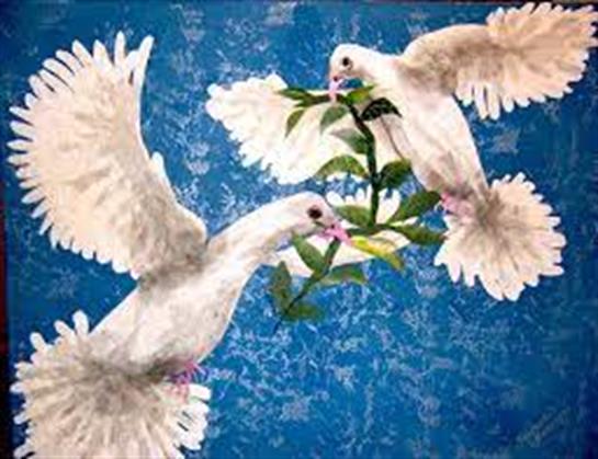 Two doves gracefully carry olive branches against a bright blue backdrop, symbolizing peace.