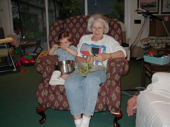 A toddler sits on an elderly woman's lap in a cozy chair, enjoying a warm home vibe.