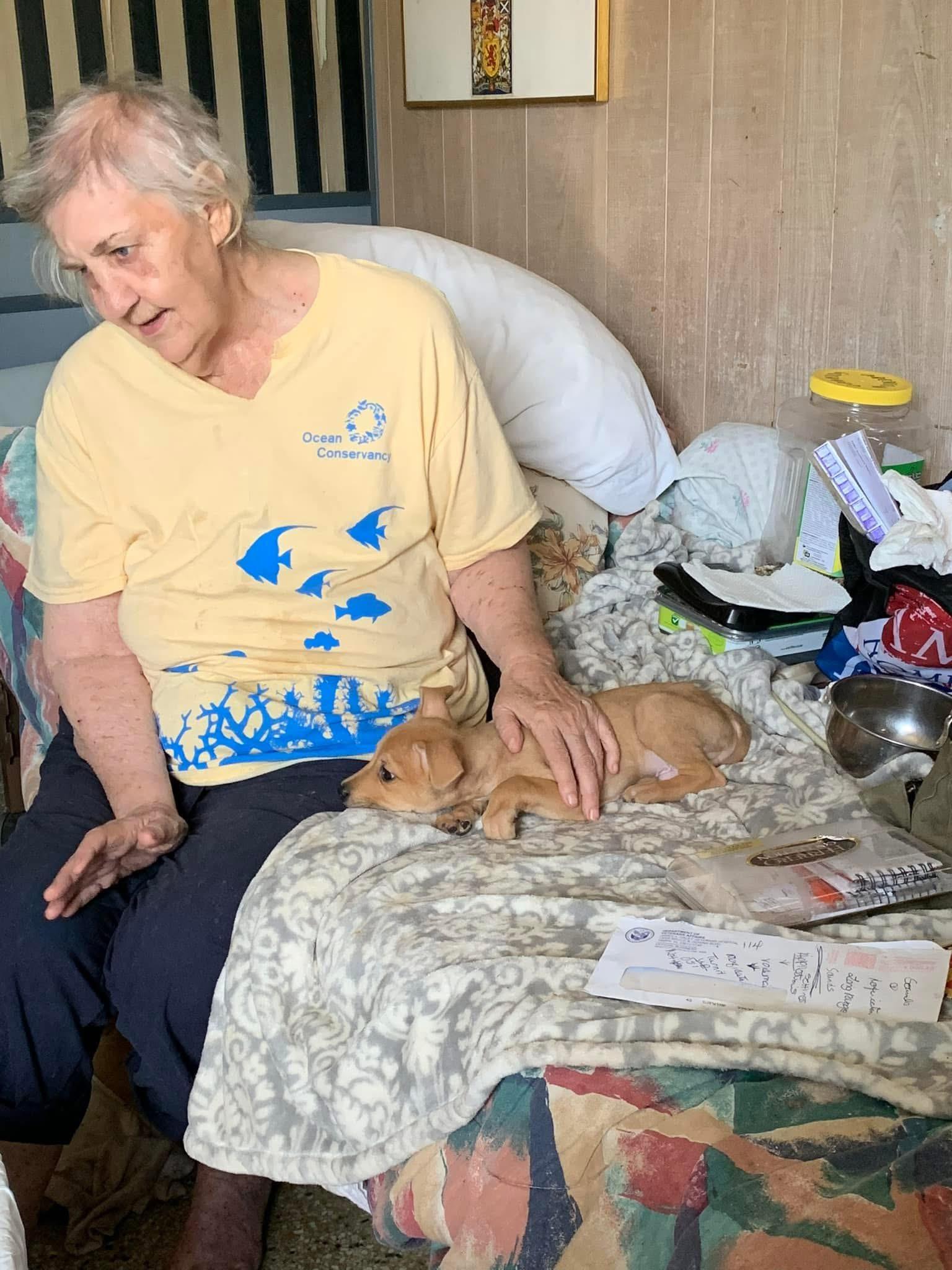 Woman enjoys time with dog while sitting on her bed surrounded by personal items.