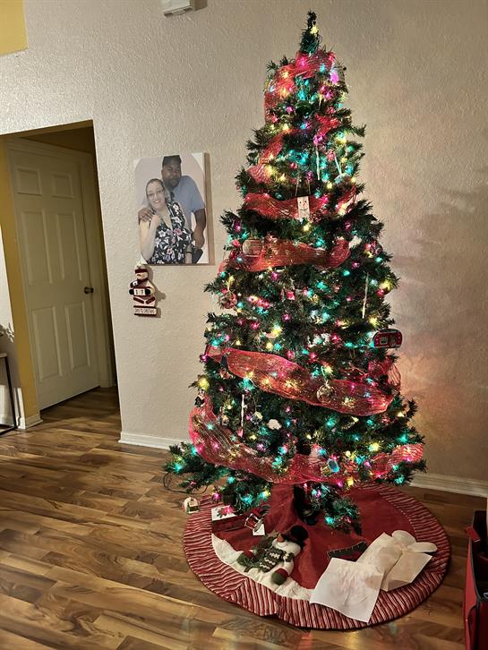 A vibrant Christmas tree adorned with lights and ornaments stands in a warm, inviting living room.