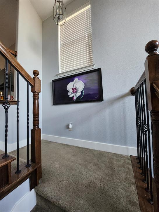 Decorative orchid artwork hangs on a wall in a well-lit home's upper hallway near a staircase.