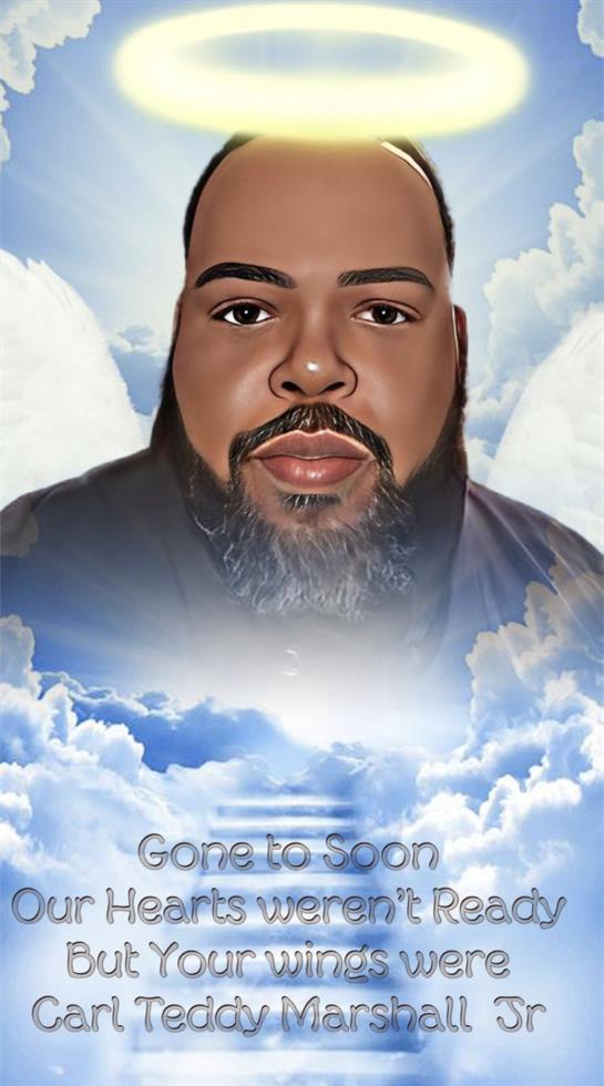 The portrait shows a man with a beard, set against a backdrop of fluffy clouds in a peaceful sky.