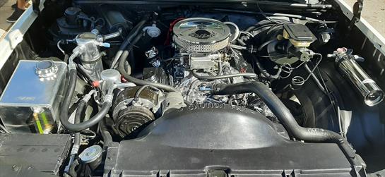 A classic car engine bay features a polished engine and modern performance upgrades for power.