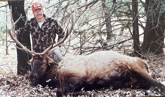 A hunter stands next to a massive elk in a wooded area, showcasing his successful hunt.