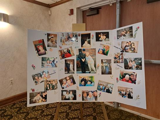 A collage showcasing memorable photographs of loved ones at a wedding celebration.