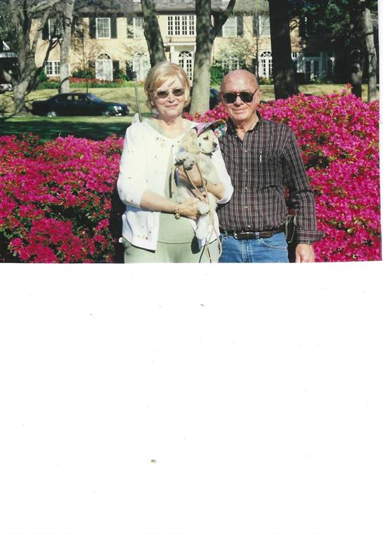 A smiling couple stands together with their small dog, surrounded by blooming pink flowers.