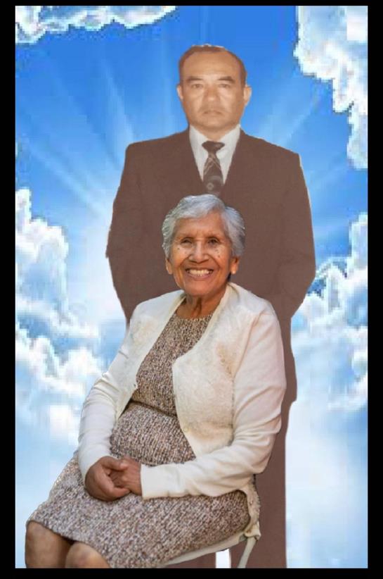 A joyful elderly woman sits comfortably, with a proud man standing behind her in a bright backdrop.