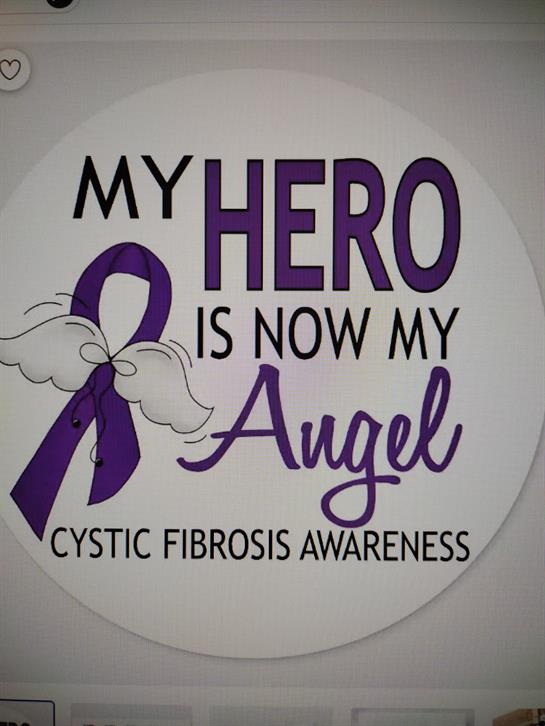 Artistic representation with a purple ribbon and message for cystic fibrosis awareness.