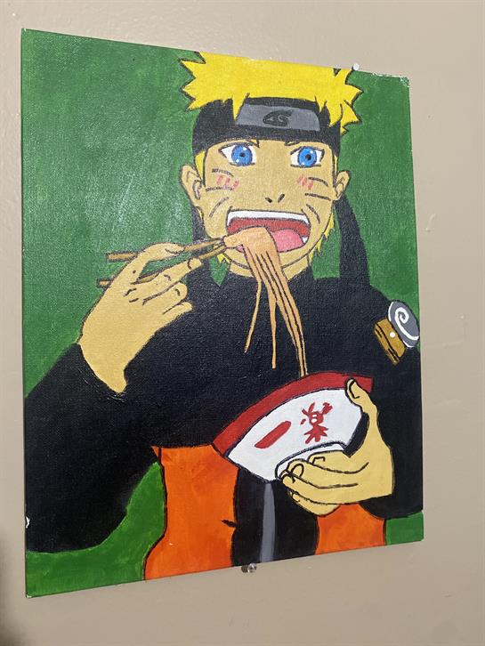 A character enthusiastically eats noodles with chopsticks in a vibrant setting.