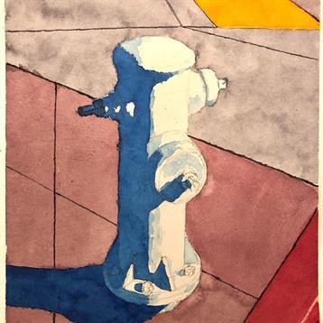 A white hydrant stands against colorful pavement, casting a striking blue shadow in bright daylight.