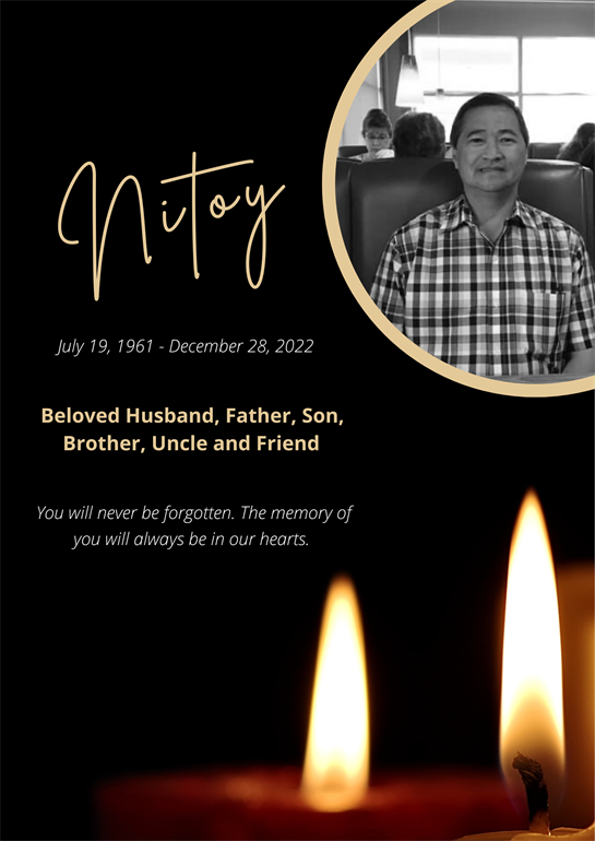 A tribute to Nitoy, a beloved husband, father, and friend, with candles and heartfelt words.