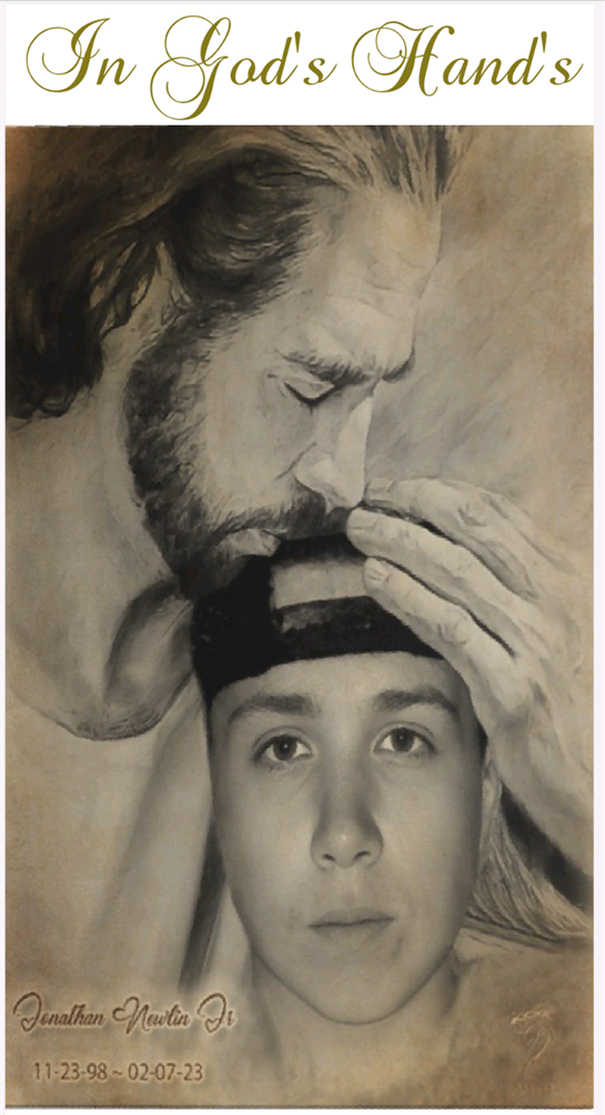 A gentle moment shows a man leaning down, touching the head of a young person with care and warmth.