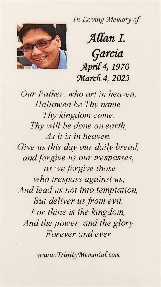 A prayer card highlights the Lord's Prayer, honoring a person's legacy from 1970 to 2023.