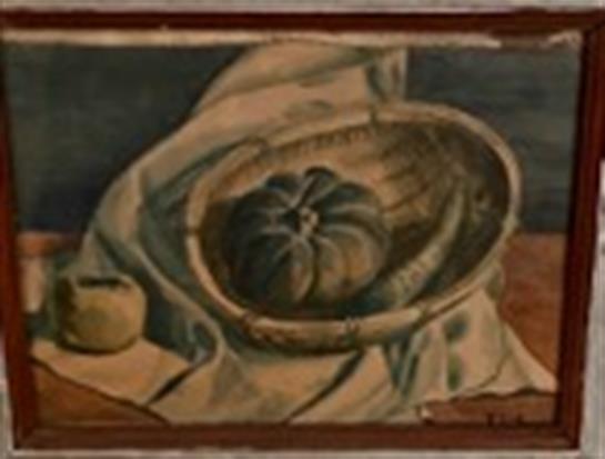 A colorful still life displays a pumpkin in a woven basket on a textured surface.