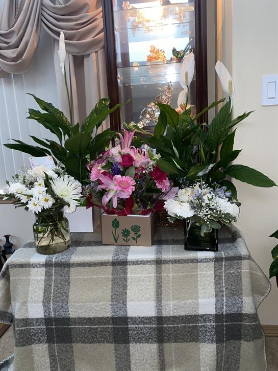A variety of flowers in jars arranged on a table, creating a warm and inviting atmosphere.