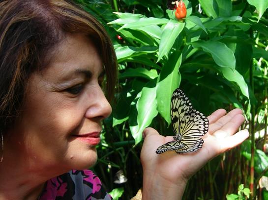 A woman gently admires a butterfly perched on her hand while surrounded by lush plants.