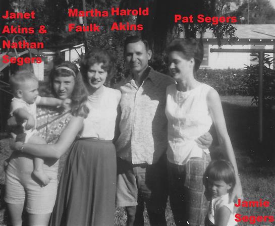 Seven family members pose together in a sunny outdoor setting, smiling and enjoying their time.