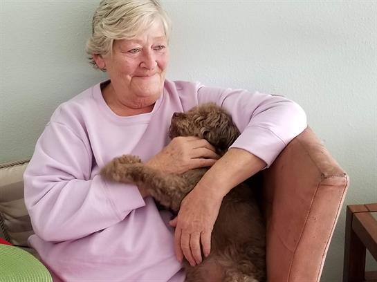 An older woman smiles while cuddling her playful brown dog in a comfortable chair at home.