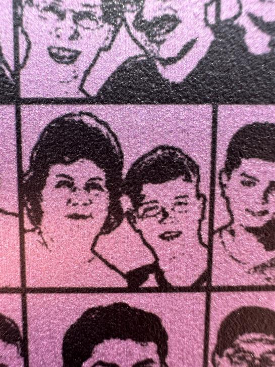 This colorful collage captures joyful family members enjoying a gathering in the 1960s.