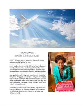 A celebration of life for Emilia Barangan, honoring her legacy with a cake and dove in the sky.