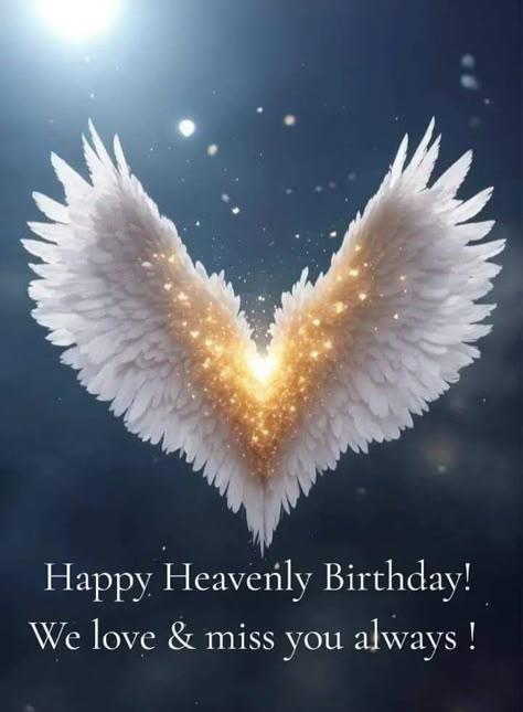 A beautiful tribute with angel wings and sparkles celebrates a loved one’s birthday in heaven.
