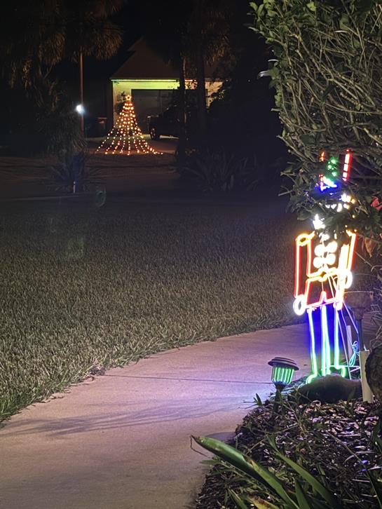 Colorful holiday lights line a path with a nutcracker and a glowing Christmas tree nearby.