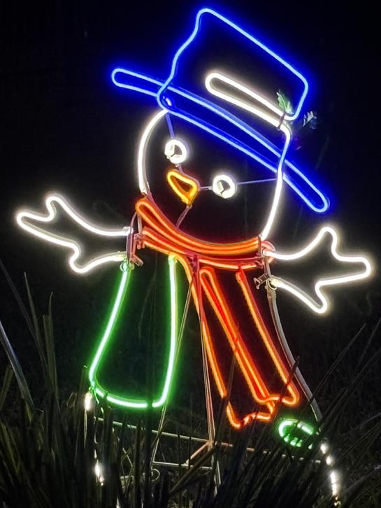 A bright neon snowman stands cheerfully among greenery, showcasing colorful lights at night.