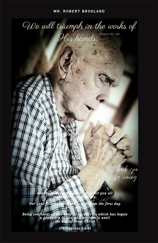 An elderly man with a contemplative expression is seen with hands clasped in gratitude.