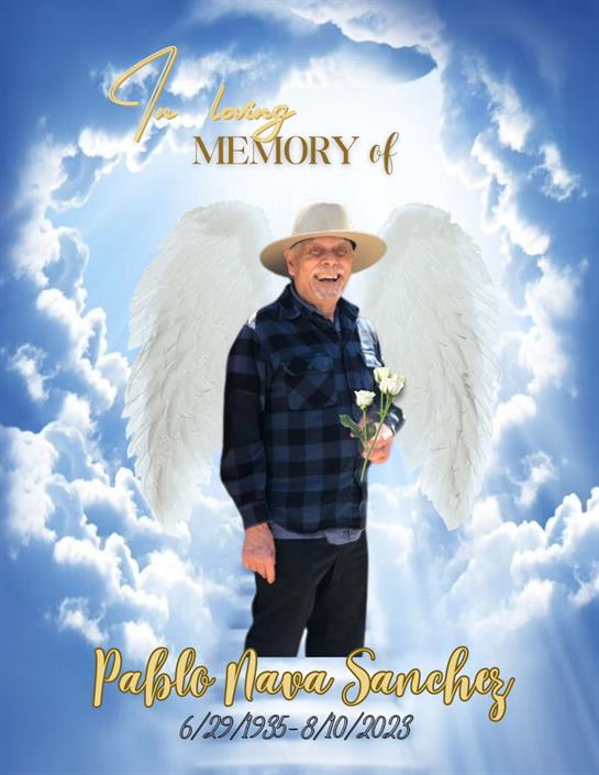 A joyful tribute honoring Pablo Vera Sanchez, surrounded by clouds and angel wings, holding flowers.