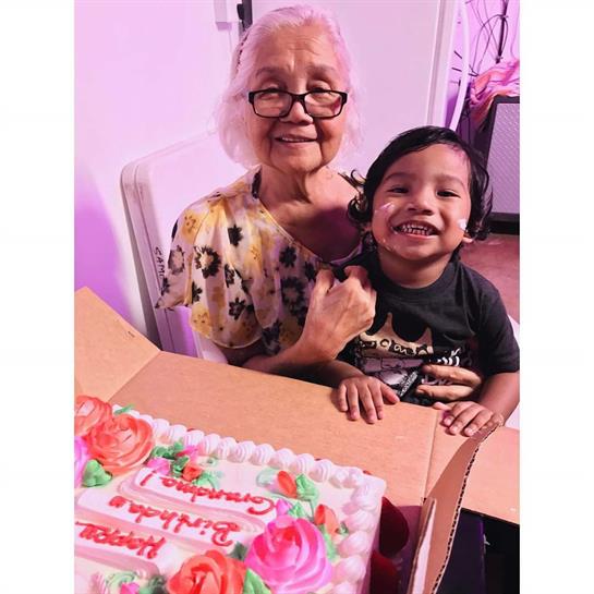 Grandmother and grandson share a joyful moment while celebrating a birthday with a delicious cake.