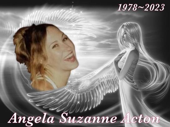 A touching tribute shows an angelic figure next to a smiling portrait of Angela.