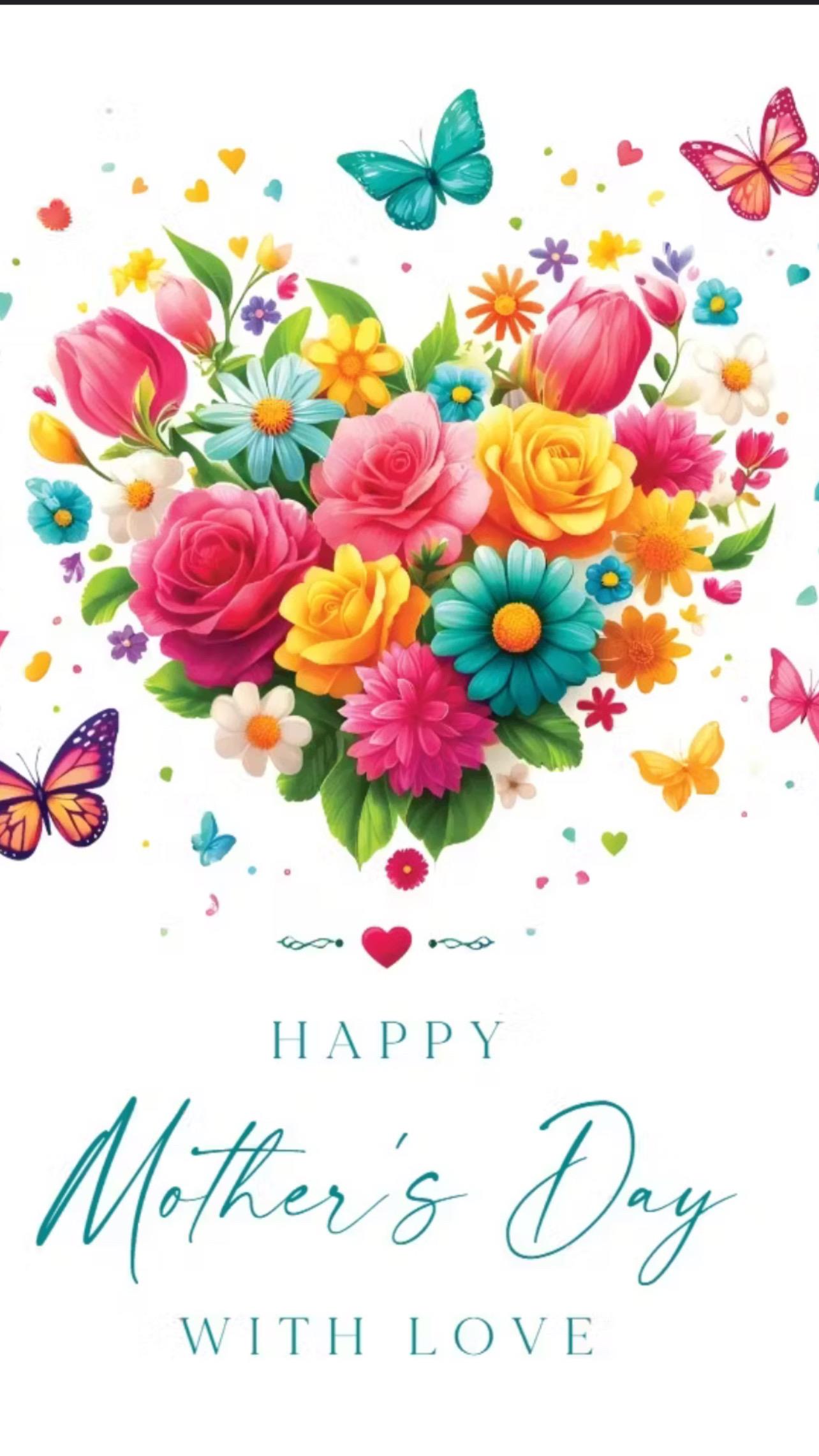 A vibrant heart-shaped arrangement of flowers and butterflies celebrates Mother's Day with love.