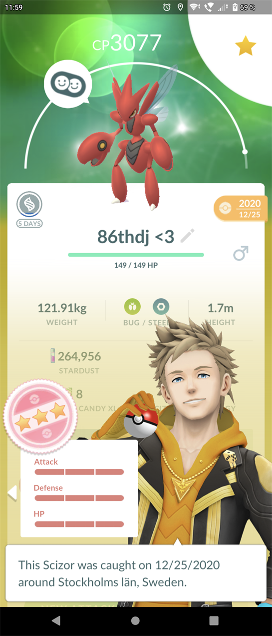 A character displays impressive stats in a mobile game while celebrating a milestone achievement.