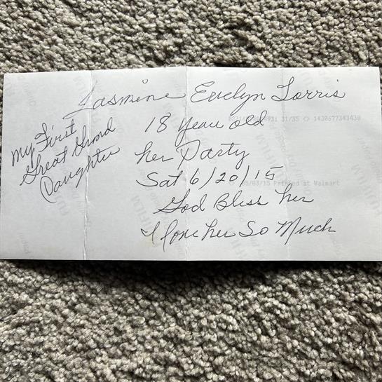 Invitation notes details for Jasmine's 18th birthday party, including date and location.