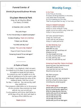 Program for David's memorial service at Skylawn Memorial Park, with schedule and readings.