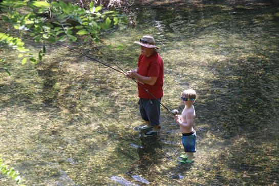 A man and a young boy are wading in shallow water, fishing together on a warm sunny day.