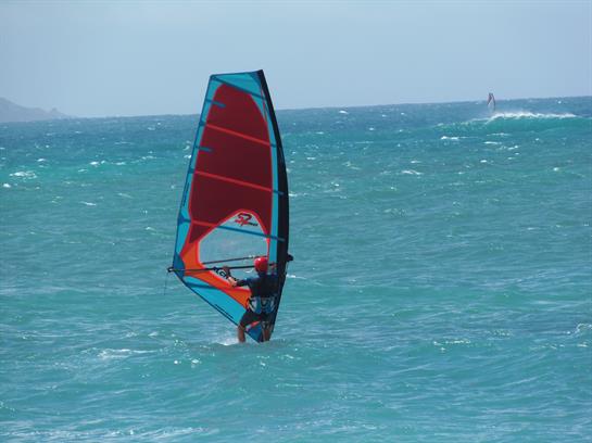 A windsurfer maneuvers on turquoise waters under clear skies, enjoying a beautiful day at the beach.