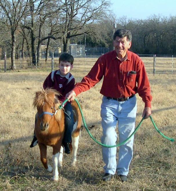 A man walks alongside a child riding a small pony through a grassy field on a sunny afternoon.