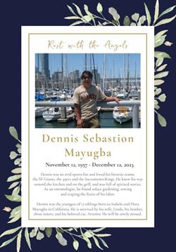 A tribute to Dennis Sebastion Mayugha near a calm harbor filled with boats, celebrating his life.