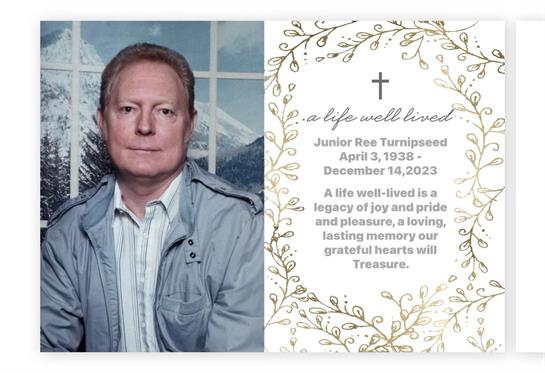 A memorial card honors Junior Rae Turnipseed, celebrating their legacy with nature's beauty.
