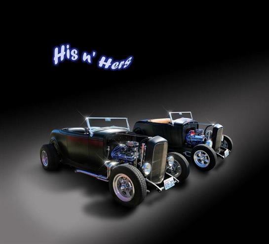 Two vintage hot rods shine in a dark setting, highlighting their chrome and intricate designs.