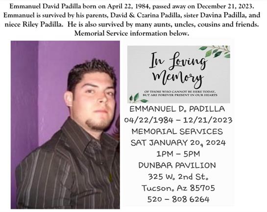 Memorial for Emmanuel David Padilla: January 20, 2024, 1-5 PM at Dunbar Pavilion.