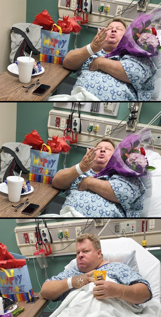 Patient in hospital bed enjoys gifts and flowers while celebrating recovery from illness.