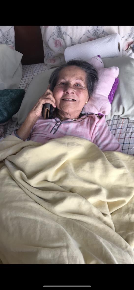 Elderly woman enjoying a friendly conversation on the phone while resting in bed.