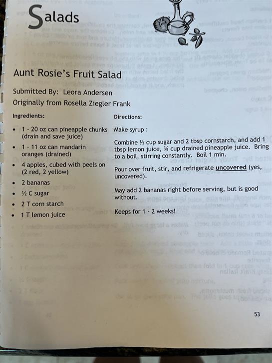 Recipe for Aunt Rosie's Fruit Salad with fresh ingredients and syrup.